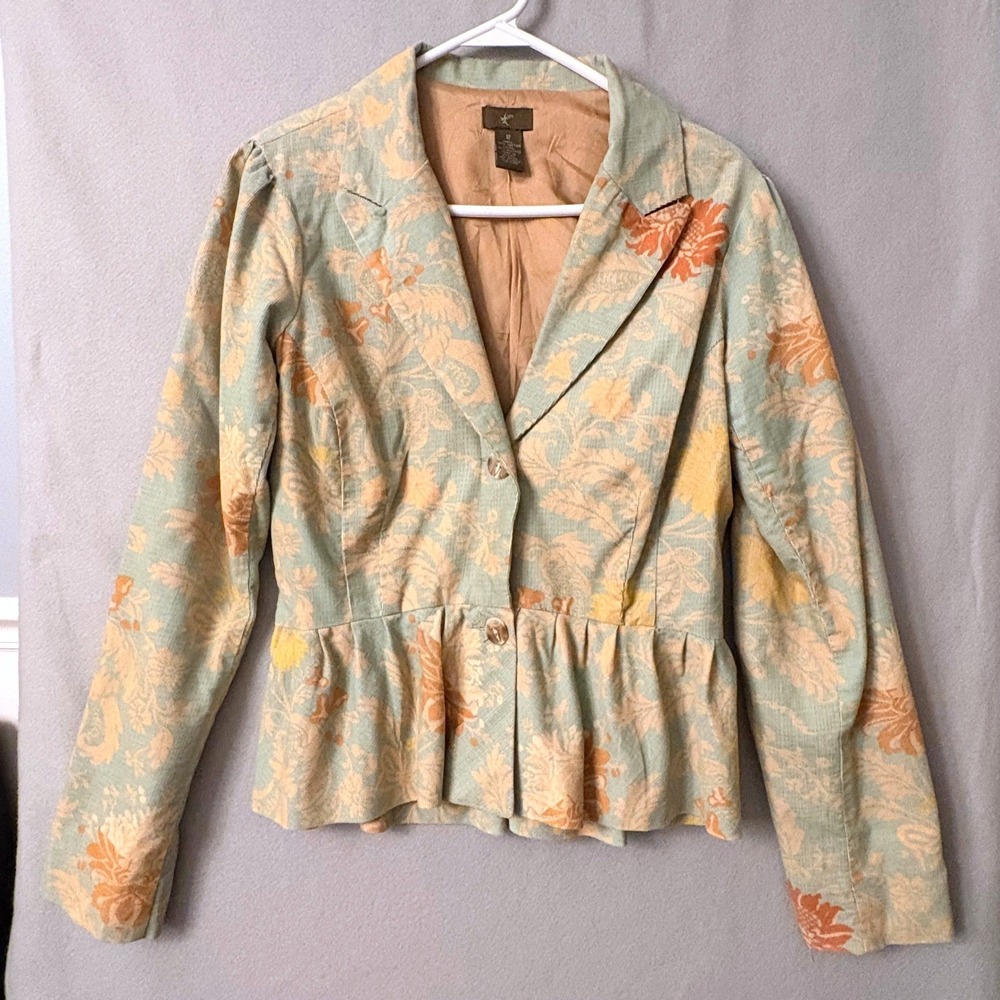 Vtg Anthropologie Fei Floral Corduroy Peplum Blazer Sage Green Jacket Size 12